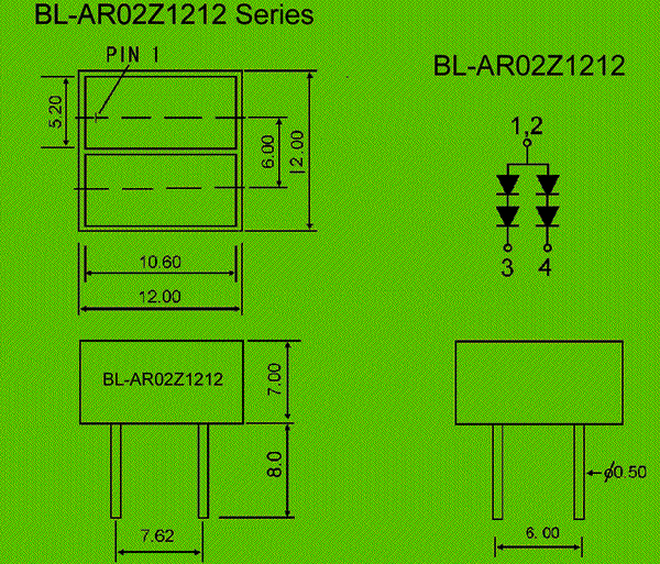 LED light bar(2 bars ,12.00*12.00mm) circuit and dimension diagram LED display | Bar Graph Array dimensional drawing