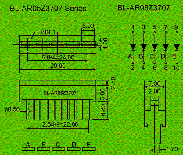 LED light bar(5 bars ,37.40*7.00mm) circuit and dimension diagram LED array | LED light bar | blue light bar dimensional drawing