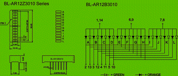 LED light bar(rectangular ,12 bars) circuit and dimension diagram 12 segment led bar graph | bicolor dimensional drawing