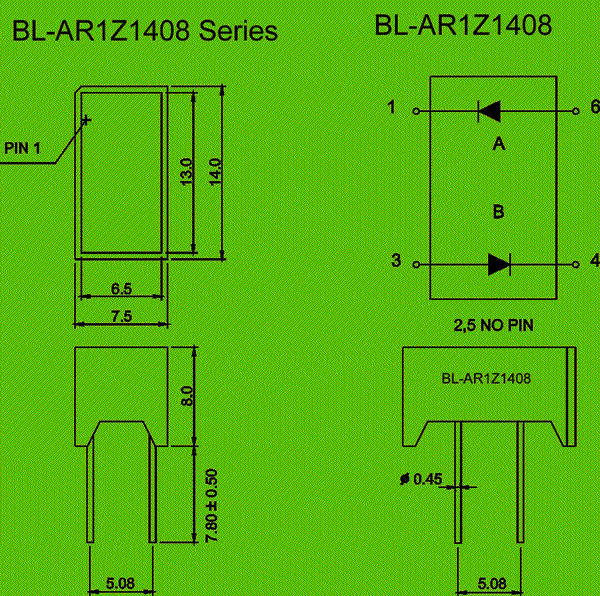 LED light bar(rectangular ,1 bar,14.0*7.5mm) circuit and dimension diagram Light Bar | LED parts dimensional drawing
