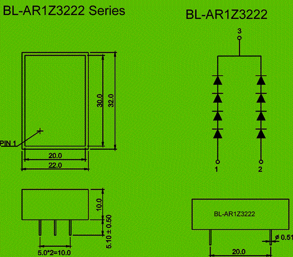 LED light bar(rectangular ,1 bar,32.00*22.00mm) circuit and dimension diagram Segment Led Bar |rectangular ,1 bar,32.00*22.00mm dimensional drawing
