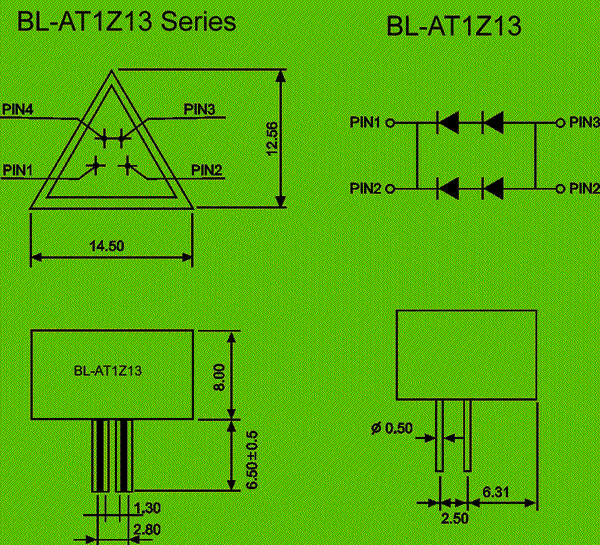 Arrow display triangle 14.5*12.56mm circuit and dimension diagram arrow LED dimensional drawing