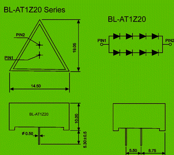 Arrow display triangle 14.5*19.05mm circuit and dimension diagram LED arrow display dimensional drawing
