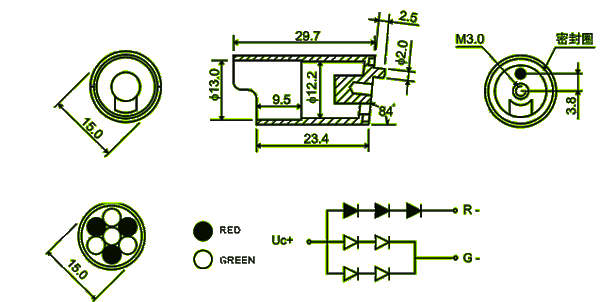 15mm led cluster (3 red 4 green, round packed) circuit and dimension diagram led cluster | 15mm (3 red 4 green, round packed) dimensional drawing