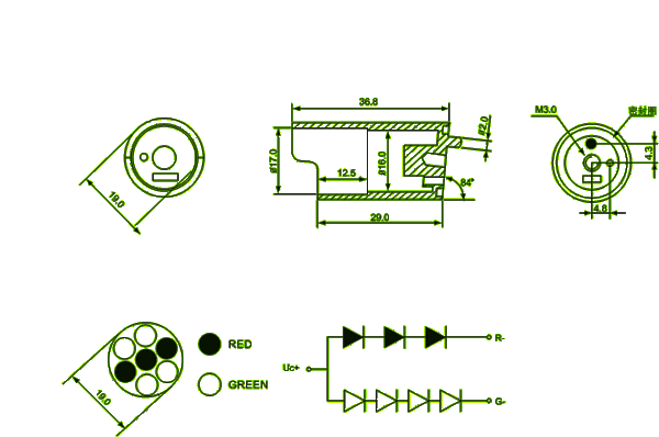 19mm led cluster (3 red 4 green, round packed) circuit and dimension diagram led cluster | electronics component dimensional drawing