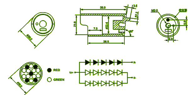 26mm led cluster (5 red 10 green , round packed) circuit and dimension diagram 26mm led cluster dimensional drawing
