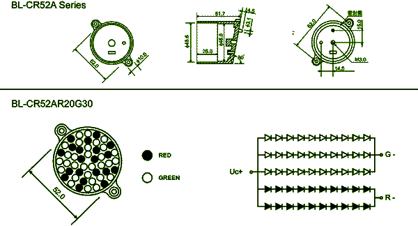 52mm led cluster (20 red 30 green , round packed) circuit and dimension diagram 52mm led cluster dimensional drawing