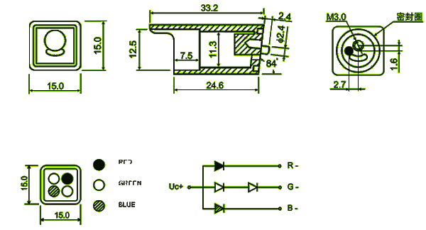 15mm led cluster (1 red 2 green 1 blue, square packed) circuit and dimension diagram led cluster | 15mm | LED parts dimensional drawing