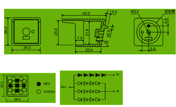 26mm led cluster (5 red 12 green, square packed) circuit and dimension diagram 26mm LED cluster | led modules dimensional drawing