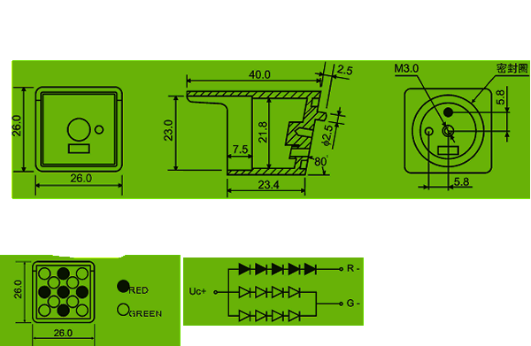26mm led cluster (5 red 8 green, square packed) circuit and dimension diagram LED cluster | led display module dimensional drawing