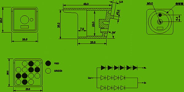 28mm led cluster (6 red 8 green, square packed) circuit and dimension diagram LED cluster | digital led signs dimensional drawing