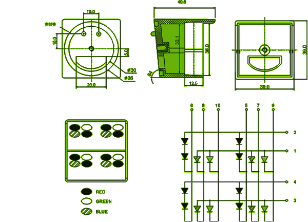 39mm led cluster set (4 set, square packed) circuit and dimension diagram 39mm led cluster set | outdoor application dimensional drawing