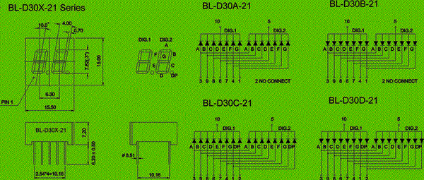 0.30 inch double seven segment led display circuit and dimension diagram 7 segment display | double digit | common anode led | common cathode led dimensional drawing