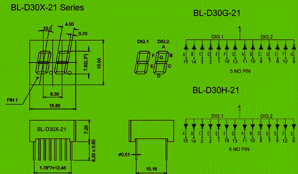 0.30 inch double seven segment led display circuit and dimension diagram 7 segment display | double digit | custom led dimensional drawing