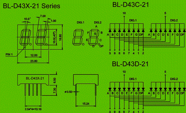 0.43 inch double seven segment led display circuit and dimension diagram optoelectronic devices | 7 segment LED | 0.43 double digit dimensional drawing