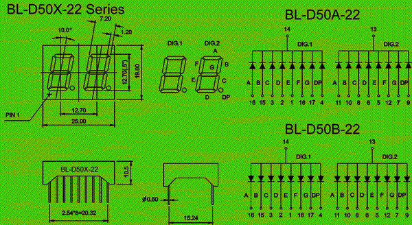 0.50 inch double seven segment led display circuit and dimension diagram seven segment LEd | 0.50 inch LED | double digit dimensional drawing