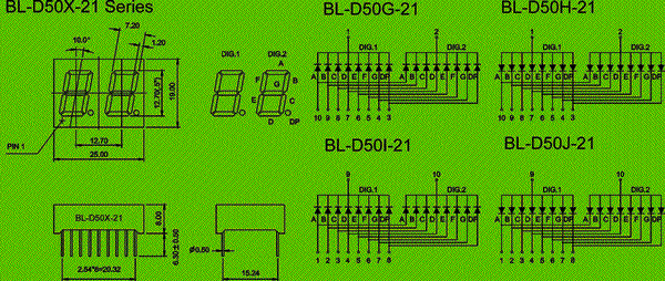 0.50 inch double seven segment led display circuit and dimension diagram LED semiconductor components | 0.50 inch | double digit dimensional drawing