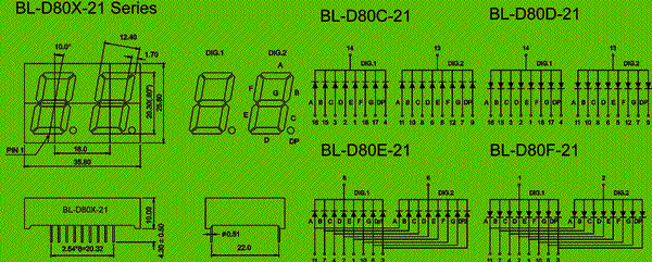 0.80 inch double seven segment led display circuit and dimension diagram Seven Segment LED Display | 0.8 inch | double digit dimensional drawing