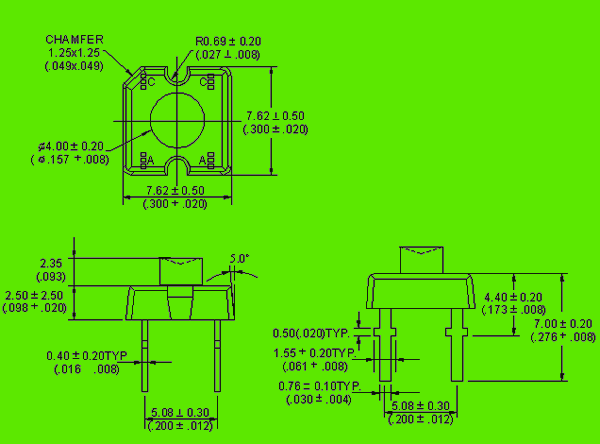 Cylindrical LED diode circuit and dimension diagram P4 LED | Piranha LED dimensional drawing