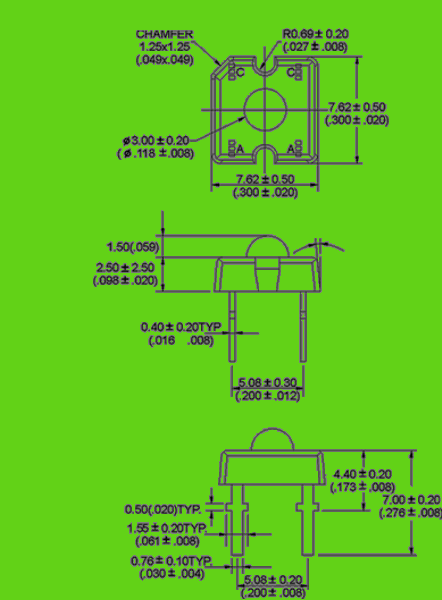 3mm round piranha led circuit and dimension diagram piranha led | led diode | 3mm LED dimensional drawing