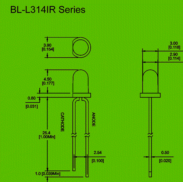 3mm Infrared Emitting Diodes circuit and dimension diagram infrared led | 3mm LED dimensional drawing