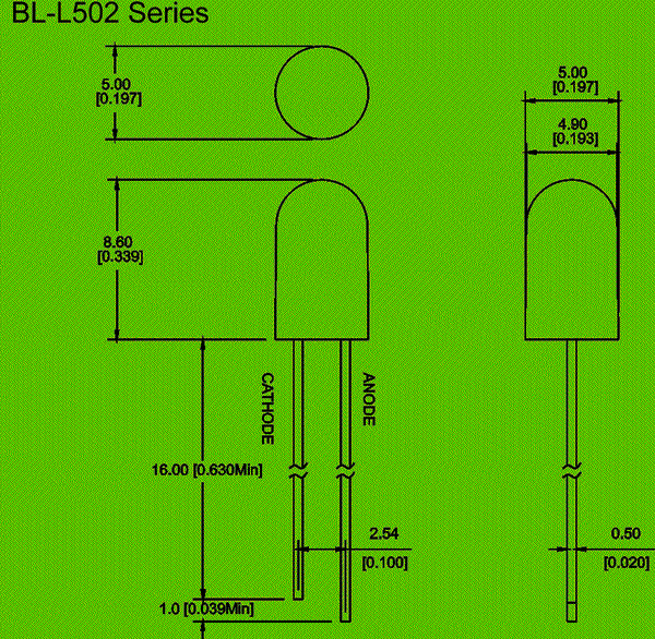 5mm LED diode circuit and dimension diagram 5mm LED | 5mm white LED | LED diode dimensional drawing