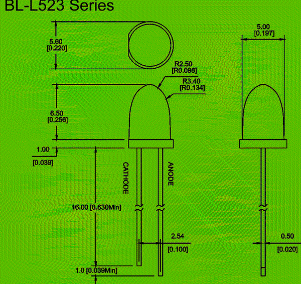 5mm bullet LED diode circuit and dimension diagram LED bullet 5mm | ultra white dimensional drawing