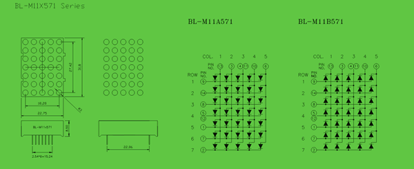 dot matrix LED display 3mm 5x7 bi-colo circuit and dimension diagram dot matrix LED | 5x7 dot dimensional drawing