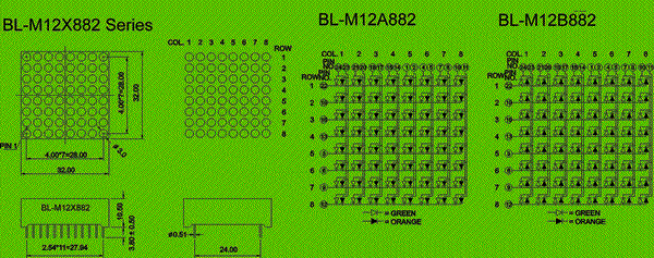 1.2 inch height 8x8 LED dot matrix, bi-color circuit and dimension diagram Dot Matrix LED - 8x8 1.2