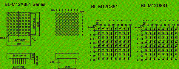1.2 inch height 8x8 LED dot matrix circuit and dimension diagram Dot Matrix LED - 8x8 1.2