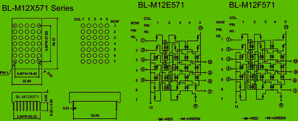 1.2 inch height 5x7 LED dot matrix,bi-color circuit and dimension diagram Dot Matrix LED - Dia 3mm 5x7 1.2