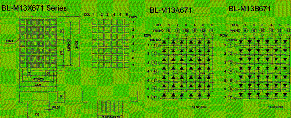 1.3 inch height 6*7 LED dot matrix, square dot circuit and dimension diagram Dot matrix LED -6x7 square dot dimensional drawing