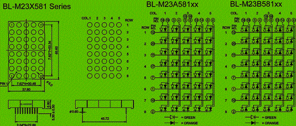 2.3 inch height 5x8 LED dot matrix, bi-color circuit and dimension diagram led modules | 5x8 Dot matrix LED dimensional drawing