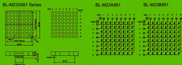 2.3 inch height 8x8 LED dot matrix circuit and dimension diagram led modules | Dot matrix LED bicolor | 5x8 dot 5mm dimensional drawing