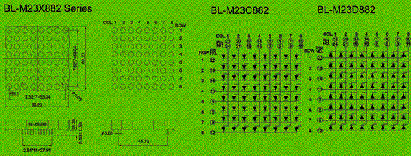2.3 inch height 8x8 LED dot matrix circuit and dimension diagram Dot matrix 8x8 LED display dimensional drawing