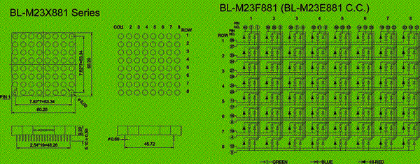 2.3 inch height 8x8 LED dot matrix, RGB color circuit and dimension diagram dot matrix led | optoelectronic devices dimensional drawing