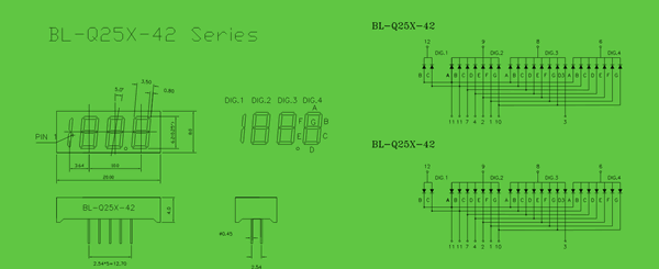 seven segment LED display 0.25inch four digit circuit and dimension diagram 0.25 inch | seven segment LED dimensional drawing