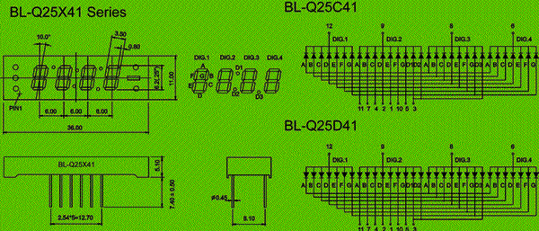 0.25 inch four seven segment led display circuit and dimension diagram LED products | 4 digit 7 segment display | 0.25 inch common anode and common cathode dimensional drawing
