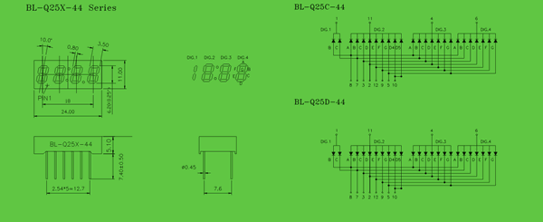 seven segment LED display 0.25inch four digit circuit and dimension diagram seven segment display 0.25 inch dimensional drawing