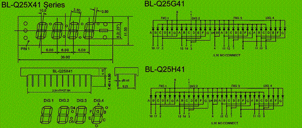 0.25 inch four seven segment led display circuit and dimension diagram Four Digit 7-Segment Through-Hole Display dimensional drawing