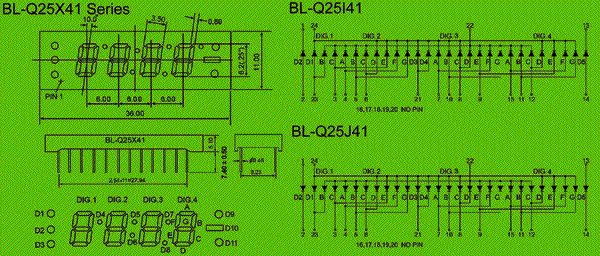0.25 inch four seven segment led display circuit and dimension diagram Four Digit 7-Segment Through-Hole Display dimensional drawing