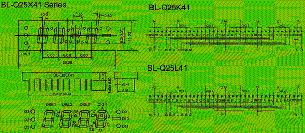 0.25 inch four seven segment led display circuit and dimension diagram 4 digit 7 segment display | 0.25 inch dimensional drawing
