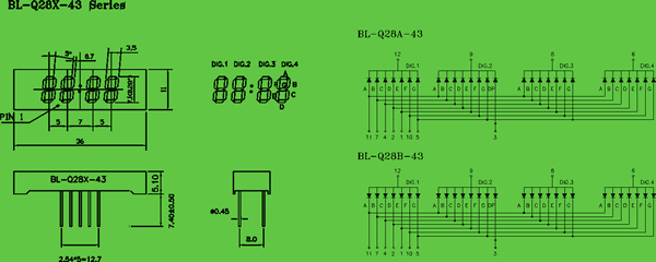 seven segment display 0.28 inch circuit and dimension diagram seven segment LED display | 4 digits | 0.28 inch dimensional drawing