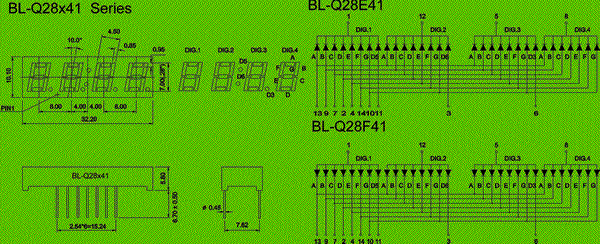 0.28 inch four seven segment led display circuit and dimension diagram 7 Segment LED - Four Digit 0.28