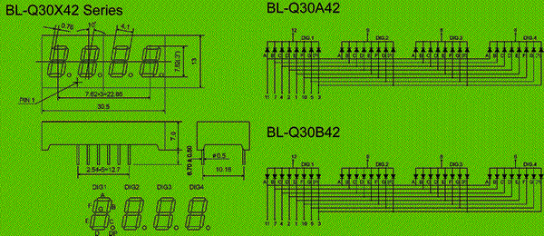 0.30 inch four seven segment led display circuit and dimension diagram 7 Segment LED - Four Digit 0.30