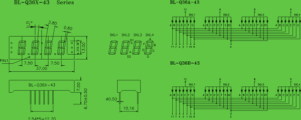 seven segment LED display 0.36 inch 4 digit circuit and dimension diagram 7 segment LED display 4 digit dimensional drawing