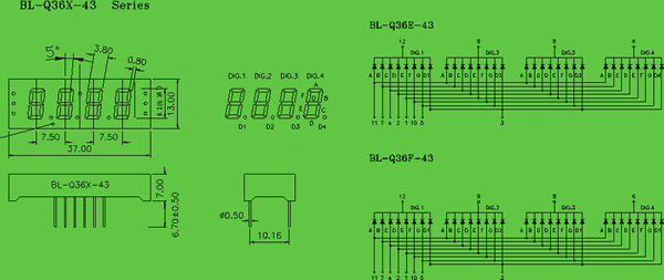 seven segment LED display 0.36 inch 4 digit circuit and dimension diagram LED 7 segment display | 0.36 inch dimensional drawing