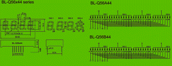 0.56 inch four seven segment led display circuit and dimension diagram 7 segment display | 4 digit | led numeric display dimensional drawing
