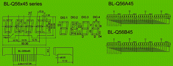 0.56 inch four seven segment led display circuit and dimension diagram 7 segment display | 4 digit | led panel dimensional drawing