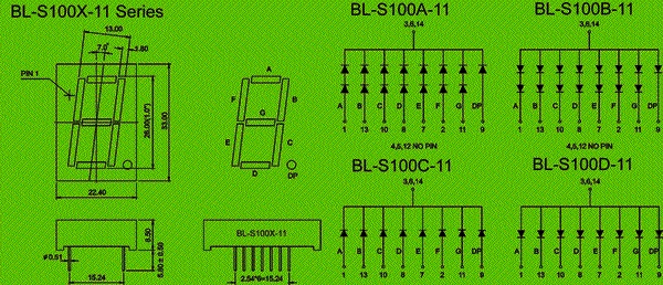 1.00 inch single seven segment led display circuit and dimension diagram 7 Segment white LED - single digit 1.0 inch dimensional drawing